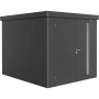 Casetta da giardino Biohort Neo 3B con doppia porta in grigio scuro metallizzato.