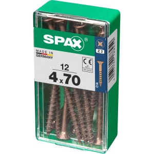 Viti per legno SPAX 4x70 mm in contenitore di plastica verde.