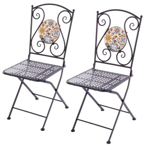 Due sedie da giardino t.b.t. nere con decoro a mosaico sugli schienali.
