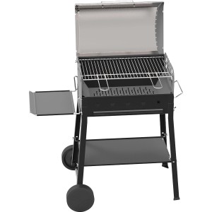 Barbecue a carbone nero con ripiano e ruote.