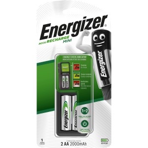 Caricabatterie Energizer Mini con 2 batterie AA 2000 mAh incluse.