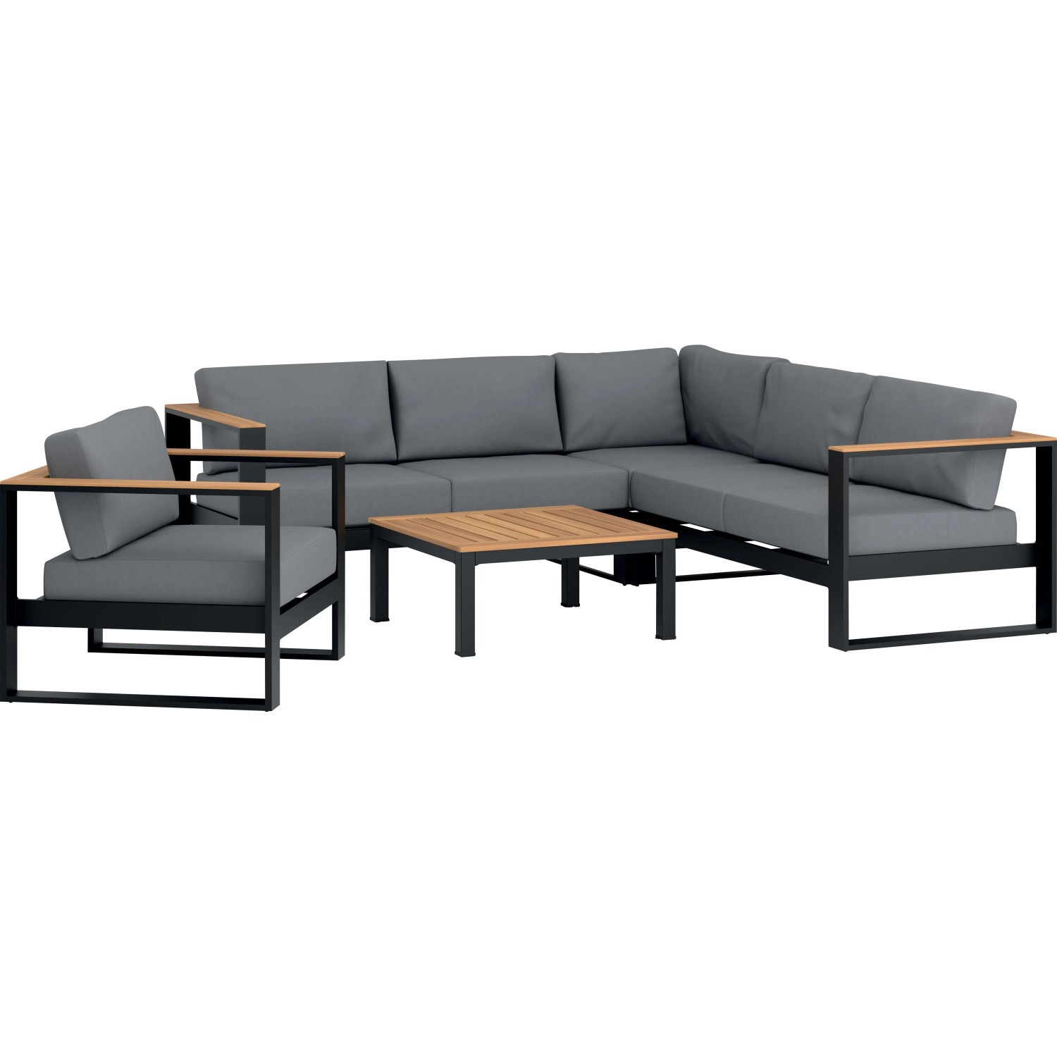 Set di mobili da giardino t.b.t. grigio con divano angolare, poltrona e tavolo.