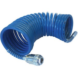 Tubo aria compressa blu a spirale con attacco rapido per accessori compressore.