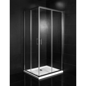Box doccia angolare con ante scorrevoli e telaio argentato.