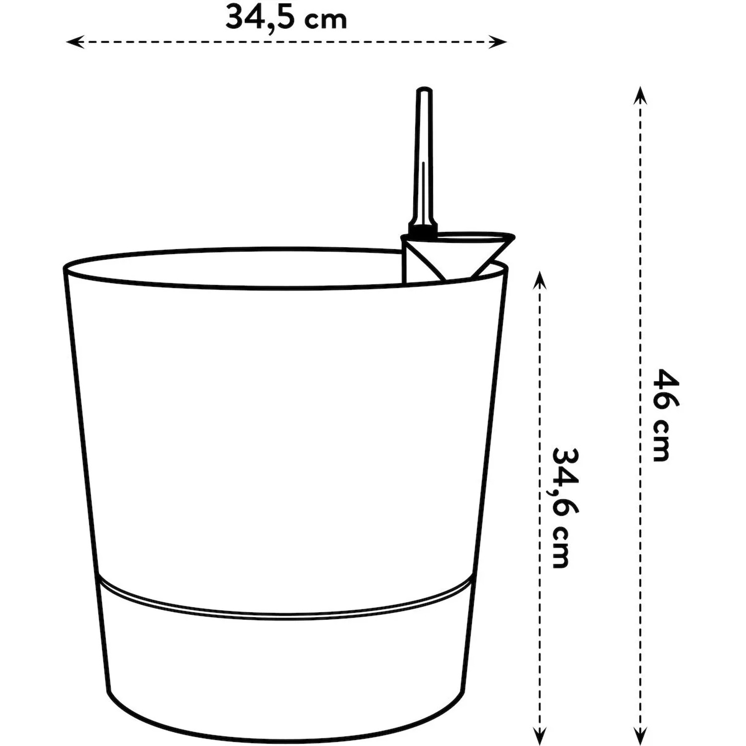 Schizzo: Vaso rotondo Elho Greensense, 35 cm, con dimensioni. Ideale per piante.