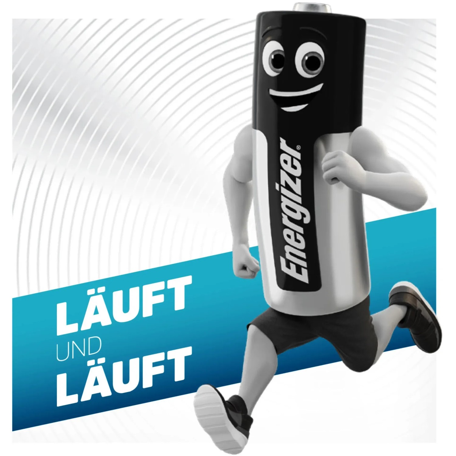 Cartoon di una batteria Energizer Max Plus 9V che corre. Energia a lunga durata per i dispositivi.