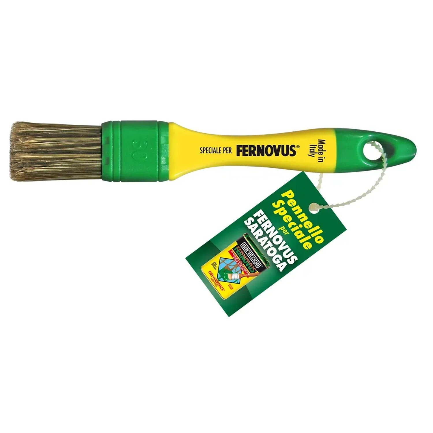 Pennello per materiali per dipingere con manico giallo-verde ed etichetta.