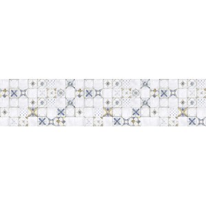 Paraschizzi t.b.t. con motivi blu e bianchi come protezione per la cucina.