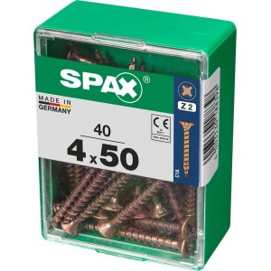 Viti per legno SPAX 4x50 mm in contenitore di plastica verde.