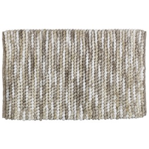 Tappeto da bagno beige in feltro di lana con motivo a righe.