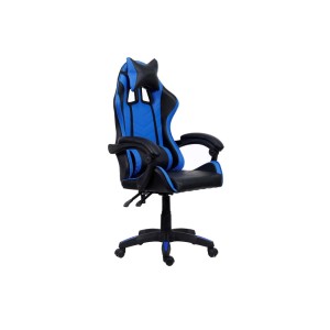 Sedia da gaming blu e nera di t.b.t. con schienale alto e braccioli regolabili.