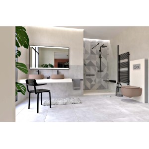 Bagno moderno con piastrelle per pavimenti grigie e doccia con motivo geometrico.