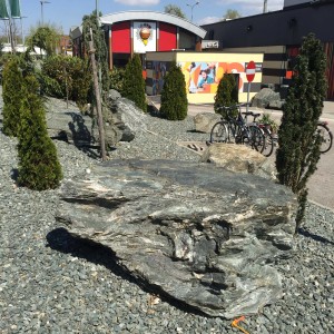 Grande pietra grigia (t.b.t.) su letto di ghiaia, circondata da piccole conifere.