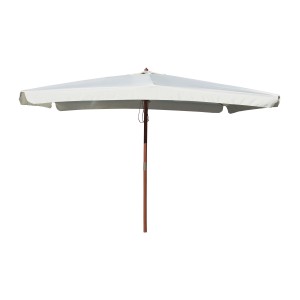 Ombrellone da balcone t.b.t. con telo rettangolare chiaro e palo in legno.