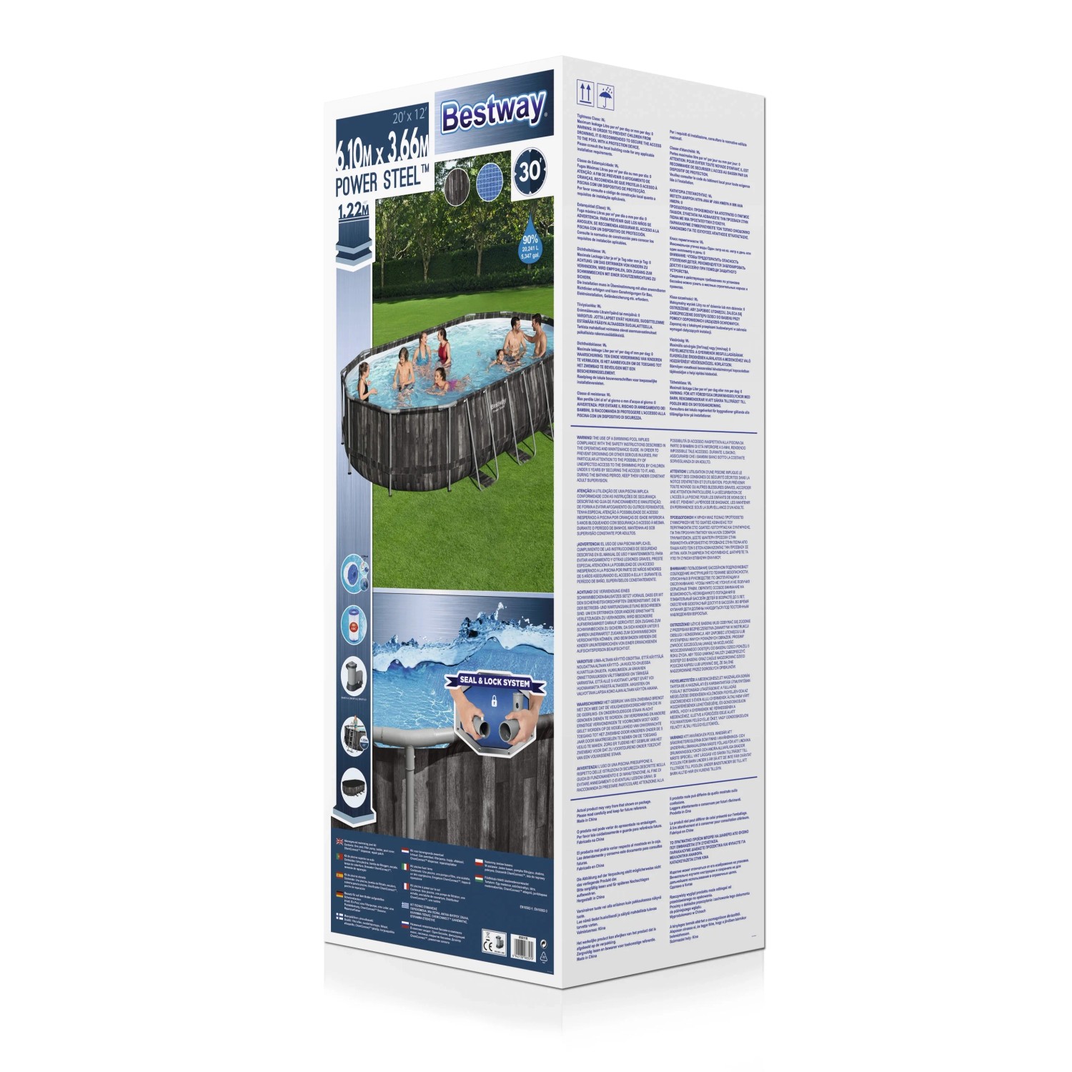 Confezione di una piscina Bestway Power Steel Frame. Stampa con piscina in giardino.