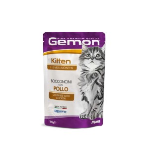 Gemon Kitten cibo umido con pollo, busta da 100g per gattini.