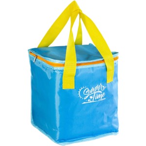 Borsa frigo blu con manici gialli per campeggio e tempo libero.