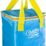Borsa frigo blu con manici gialli per campeggio e tempo libero.