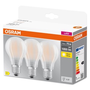 Lampadine LED E27 Osram, confezione da 3, luce bianca calda, 7,5W. Ideali per illuminazione d'atmosfera.