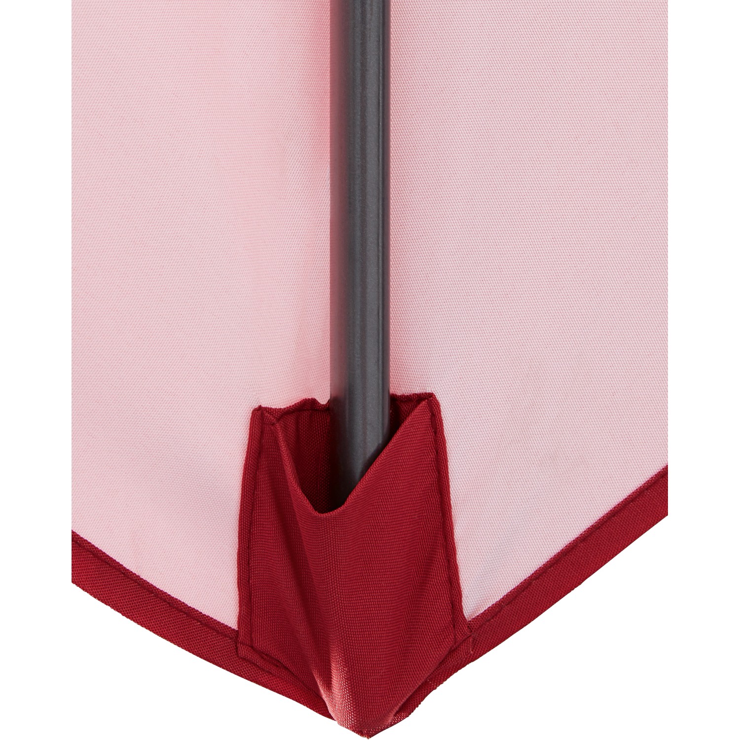 Dettaglio ombrellone Honolulu, rosso-bianco, palo e attacco del tessuto.