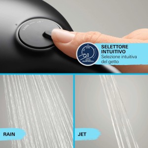 Set doccia Grohe Vitalio Start: mano che aziona SmartSwitch, dettaglio getti Rain e Jet.