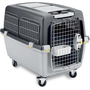 Trasportino per cani t.b.t. grigio e bianco con ruote e porta a griglia metallica.