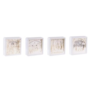 Quattro oggetti decorativi luminosi bianchi con motivi natalizi per interni.