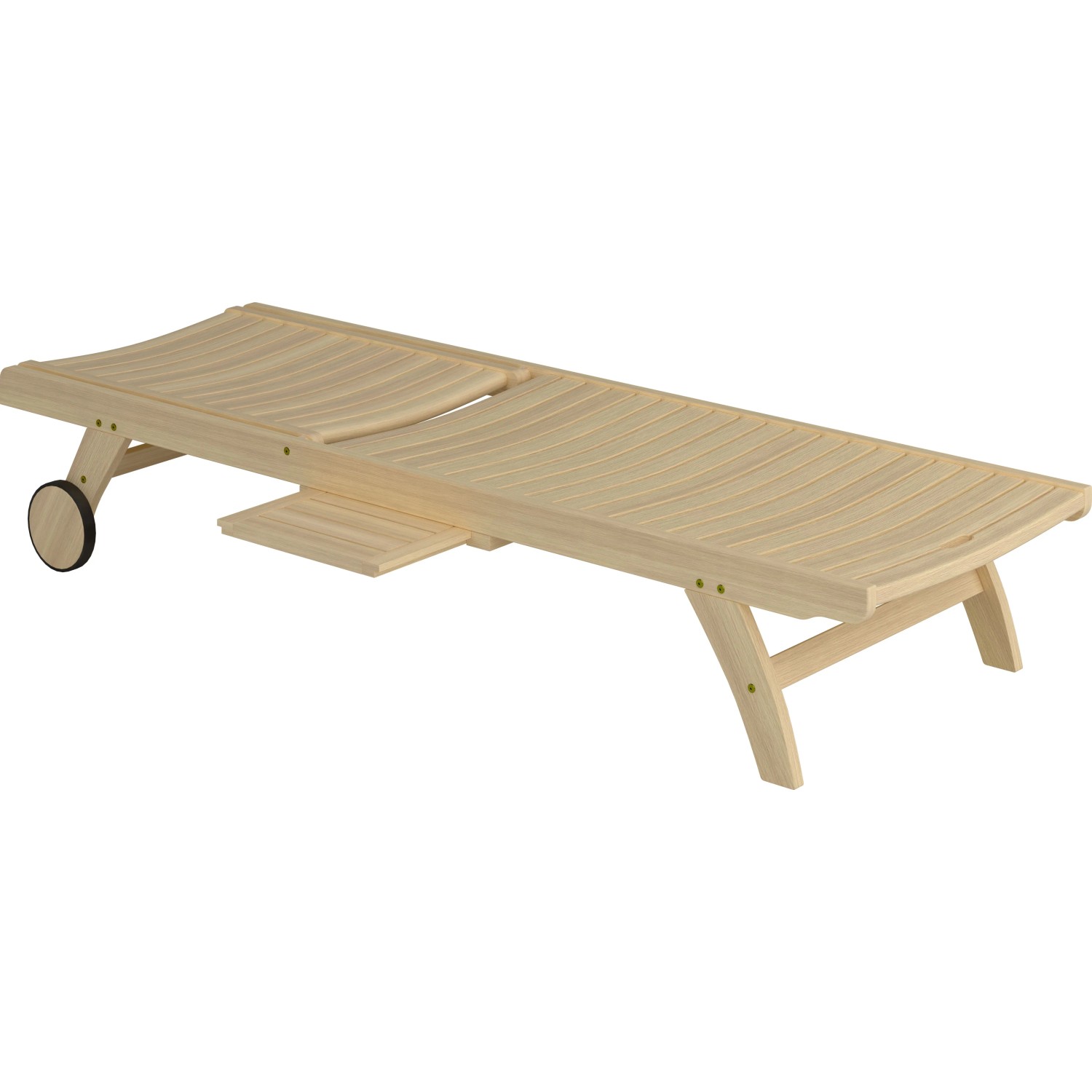 Lettino prendisole Canston in legno di acacia, oliato bianco, con ripiano e ruote.