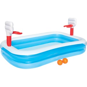 Piscina gonfiabile per bambini con canestri da basket e palloni per il divertimento estivo.