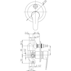Disegno tecnico: Miscelatore doccia t.b.t. con dimensioni.