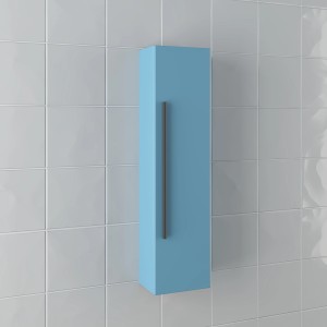 Mobile bagno sospeso t.b.t. blu con maniglia su parete bianca.