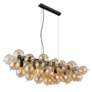 Moderna lampada a sospensione t.b.t. con sfere di vetro ambrate per un'illuminazione elegante.