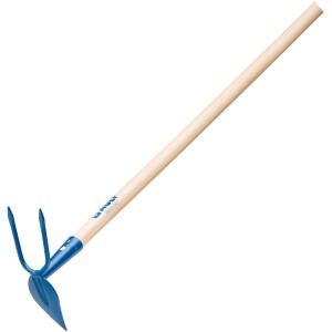 t.b.t. per la lavorazione del terreno con manico in legno e testa in metallo blu.