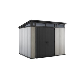 Casetta da giardino moderna in plastica con doppia porta e lucernari.