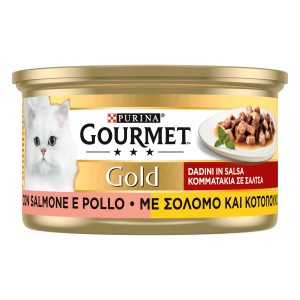 Gourmet Gold cibo umido per gatti con salmone e pollo in salsa.