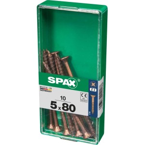 Viti per legno SPAX 5x80 mm in contenitore di plastica verde.