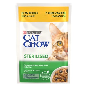 Alimento umido per gatti Purina Cat Chow con pollo e melanzane per gatti sterilizzati.