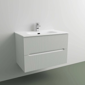 Mobile bagno bianco con due cassetti e frontale a coste. Arredo bagno.