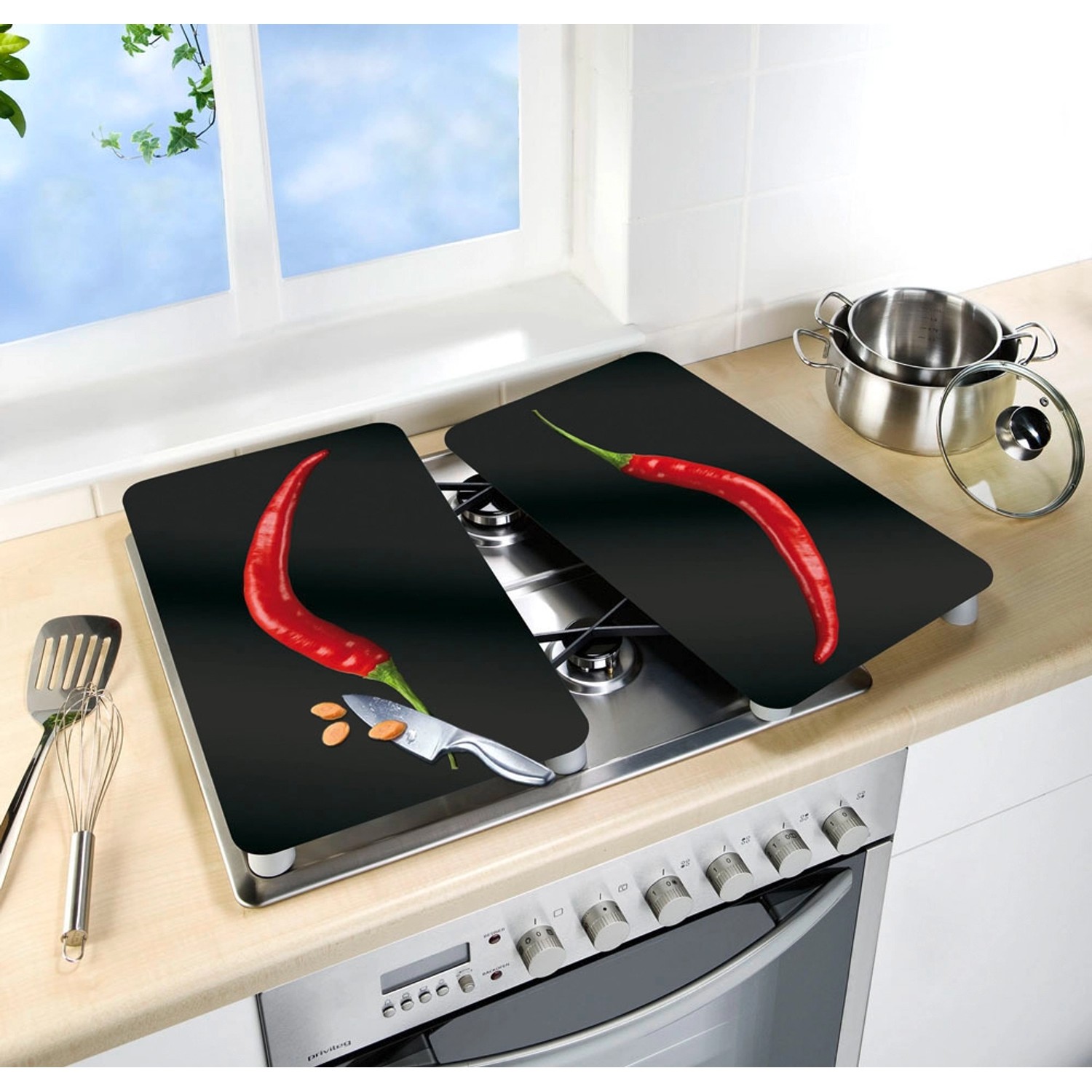 Copri piano cottura Wenko Hot Peperoni, set da 2, multicolore. Universale per piani cottura in vetroceramica, elettrici e a gas.