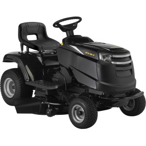 Trattorino tagliaerba nero Alpina AT3 98 A con scarico laterale e sedile regolabile.