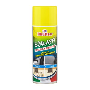 Bomboletta spray gialla di t.b.t. rimuovi graffiti per superfici verniciate.
