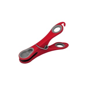 Molletta da bucato rossa con gomma grigia per accessori e ricambi.