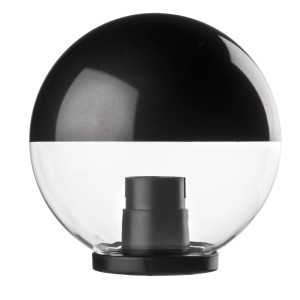 Applique da esterno t.b.t. nera a forma sferica con paralume trasparente.