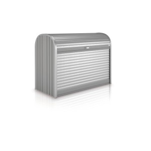 Biohort StoreMax 120 box universale in grigio quarzo metallizzato con serranda e serratura a cilindro.