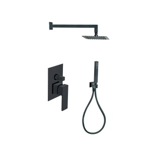 Colonna doccia nera con soffione e doccetta per la doccia.