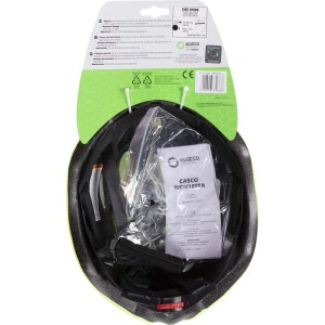 Casco da bici giallo t.b.t. con accessori e guida alle taglie.