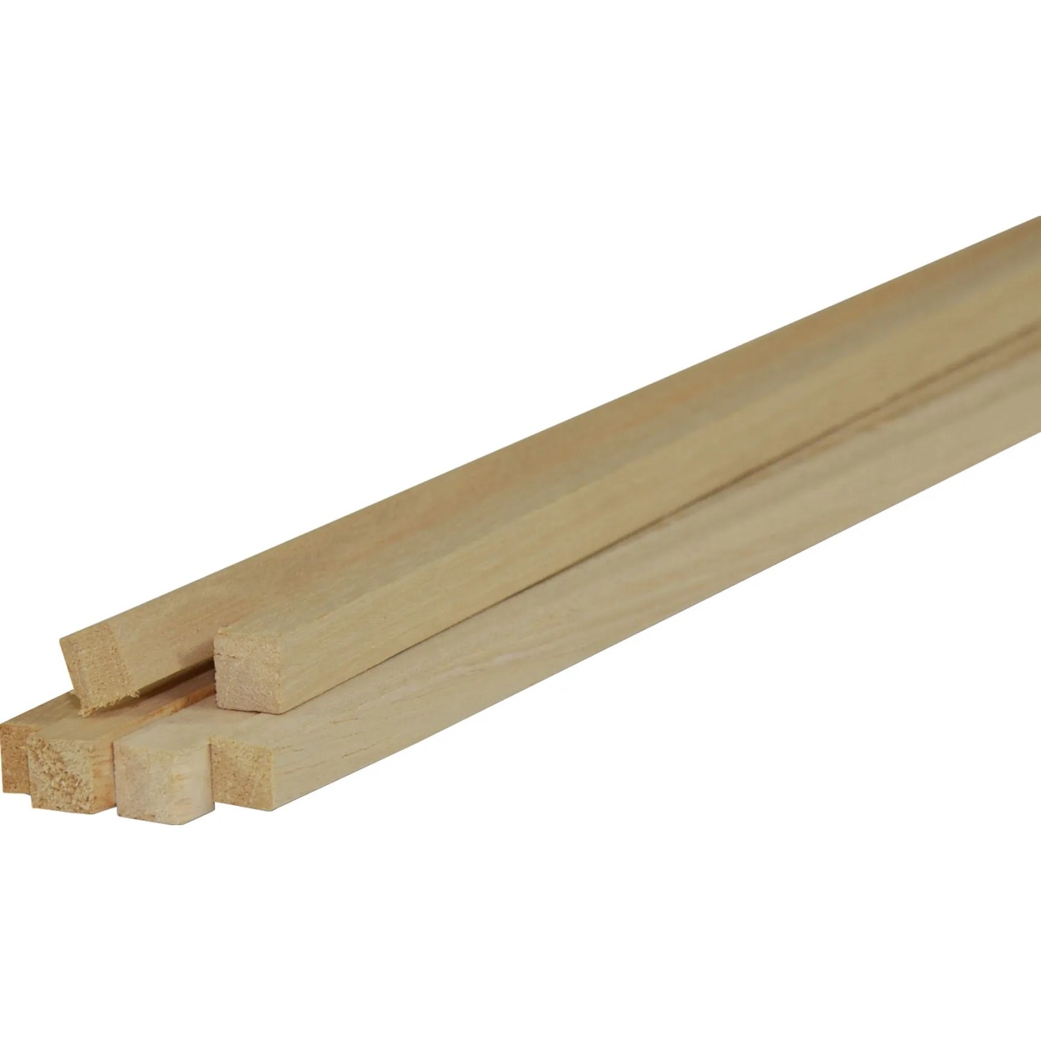 Listelli in legno piallato, colore legno chiaro, sezione quadrata.