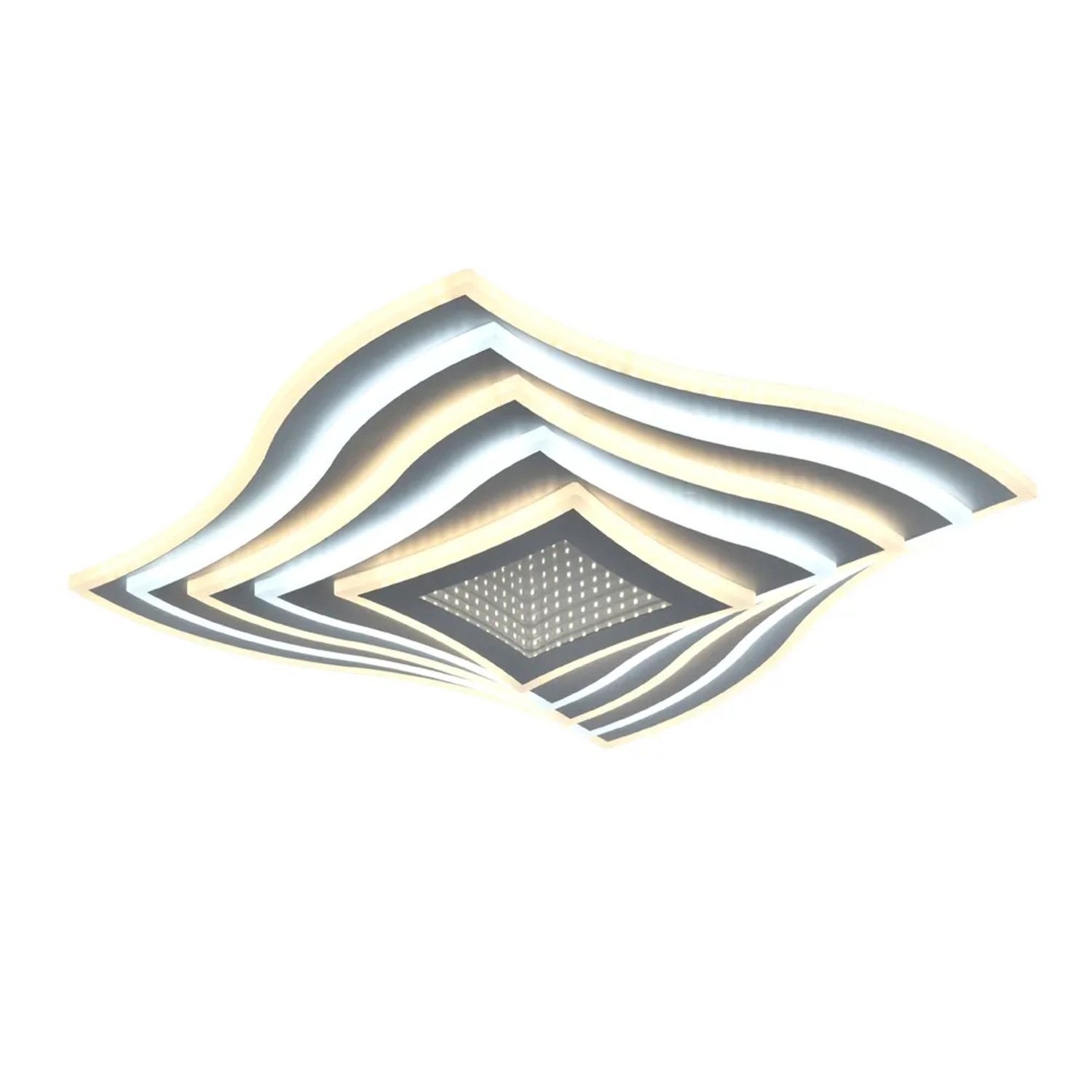 Plafoniera LED moderna t.b.t. con design curvo per montaggio a soffitto.