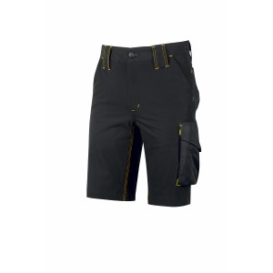 Pantaloncini da lavoro neri con cuciture gialle e tasca cargo.