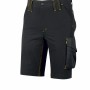 Pantaloncini da lavoro neri con cuciture gialle e tasca cargo.